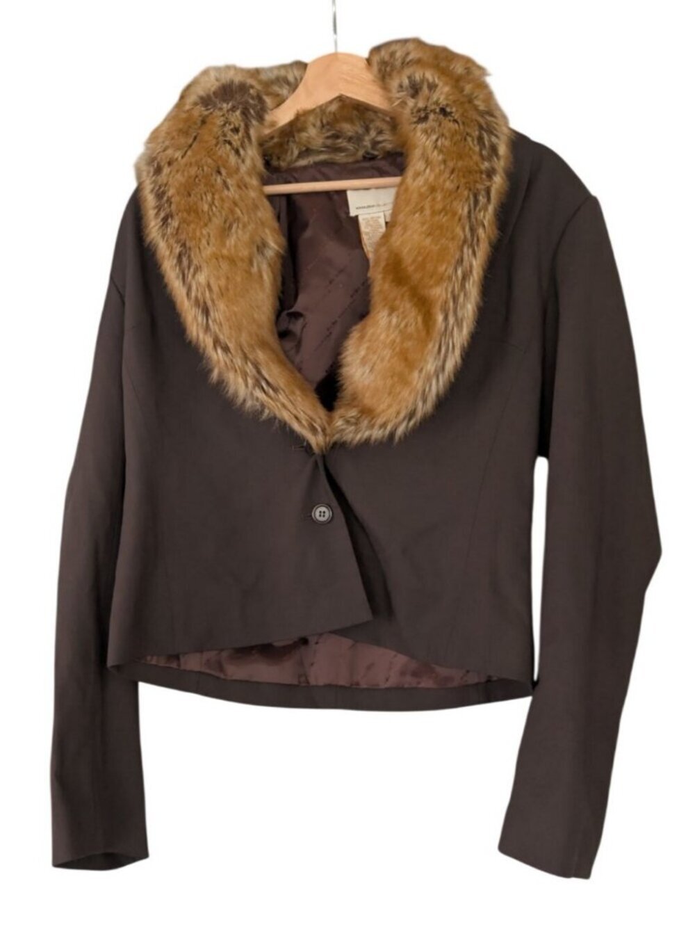 Max Azria Wool Blend Faux Fur Collar Blazer Jacket Brown Y2K Mob Wife Sz 12